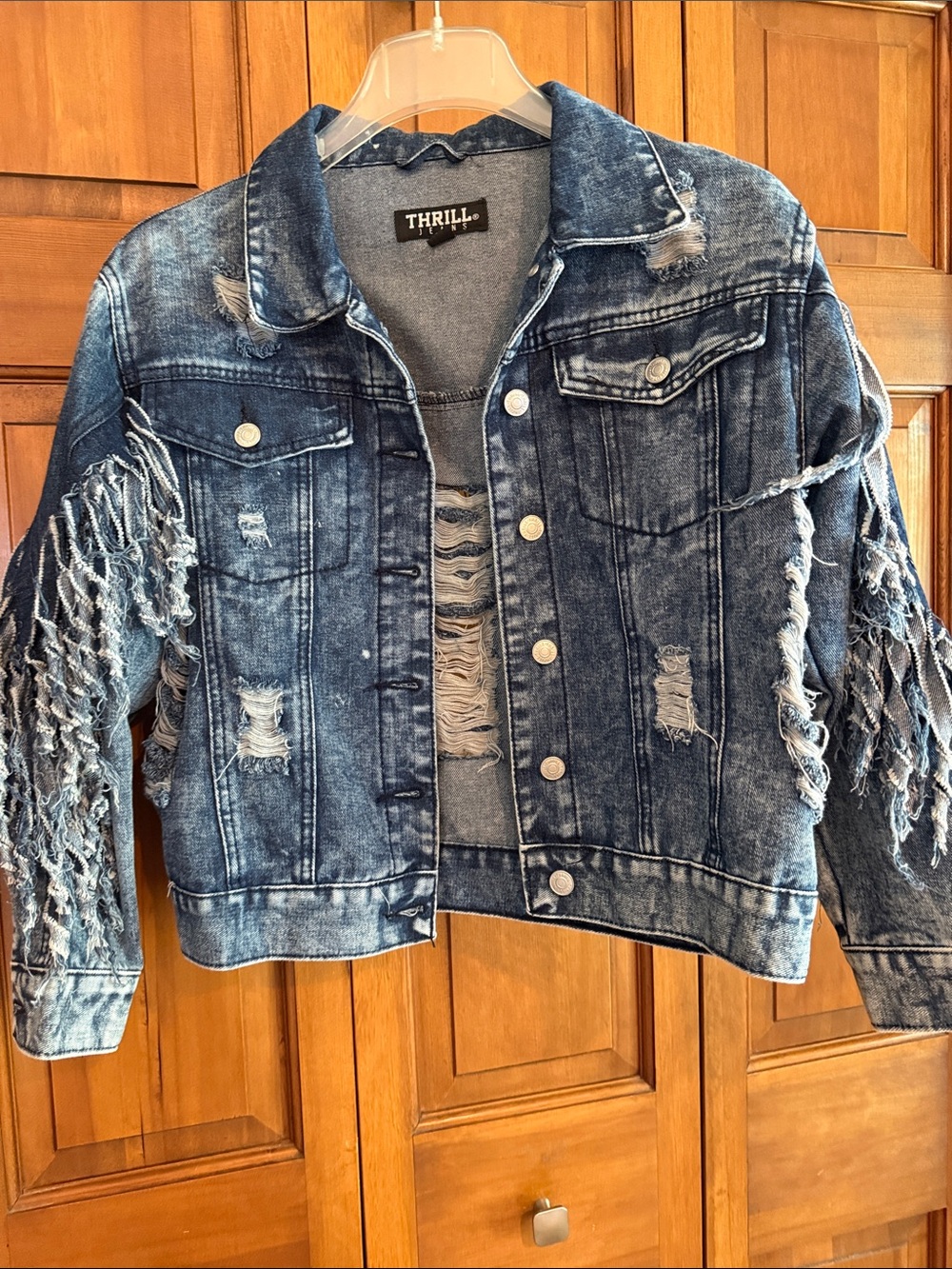 Thrill Blue Distressed Denim Jacket with Fringe Sleeves and Back